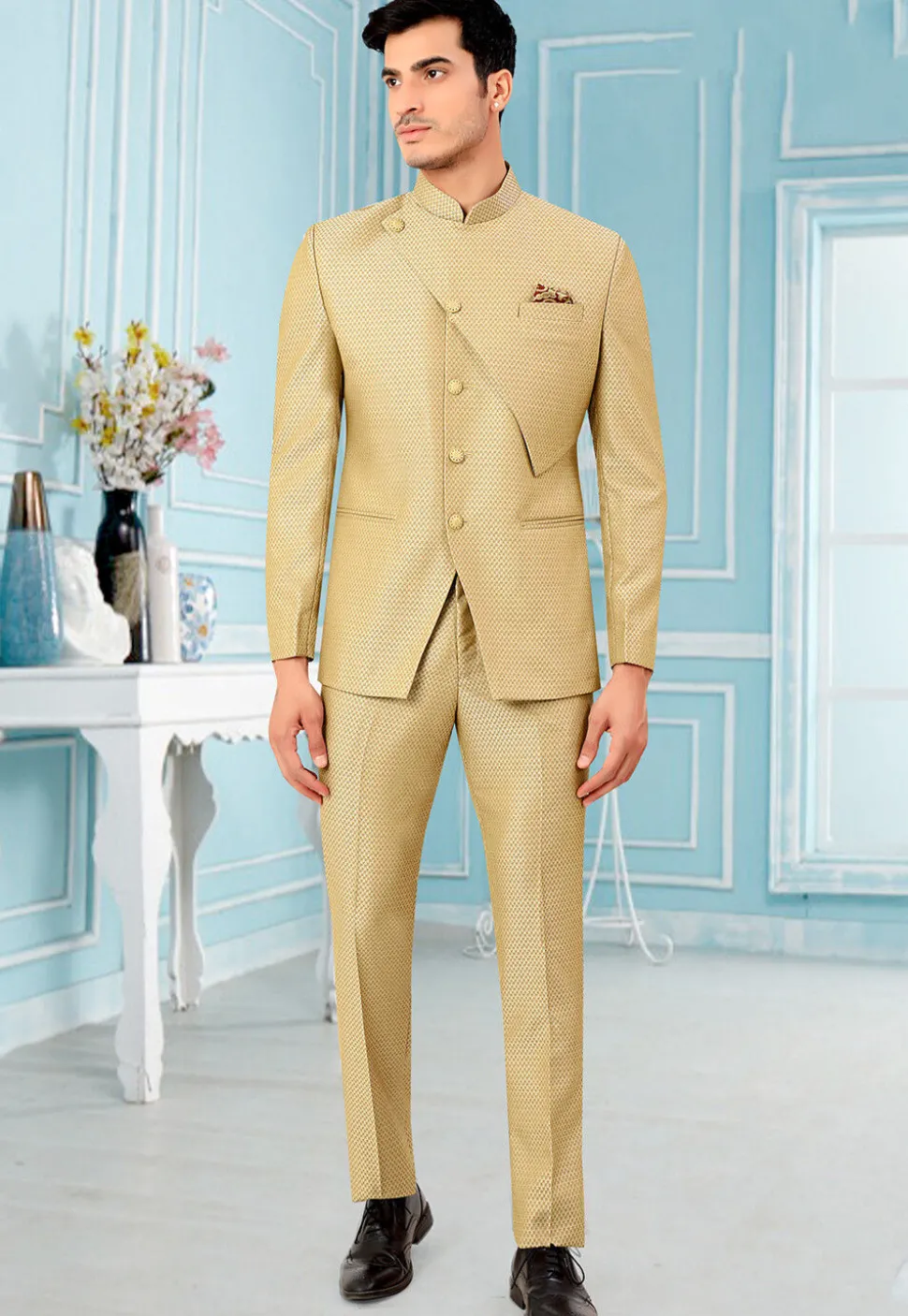 Woven Terry Rayon Jacquard Jodhpuri Jacket in Beige