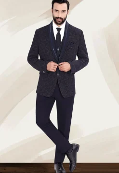 Woven Terry Rayon Jacquard Suit Set in Navy Blue