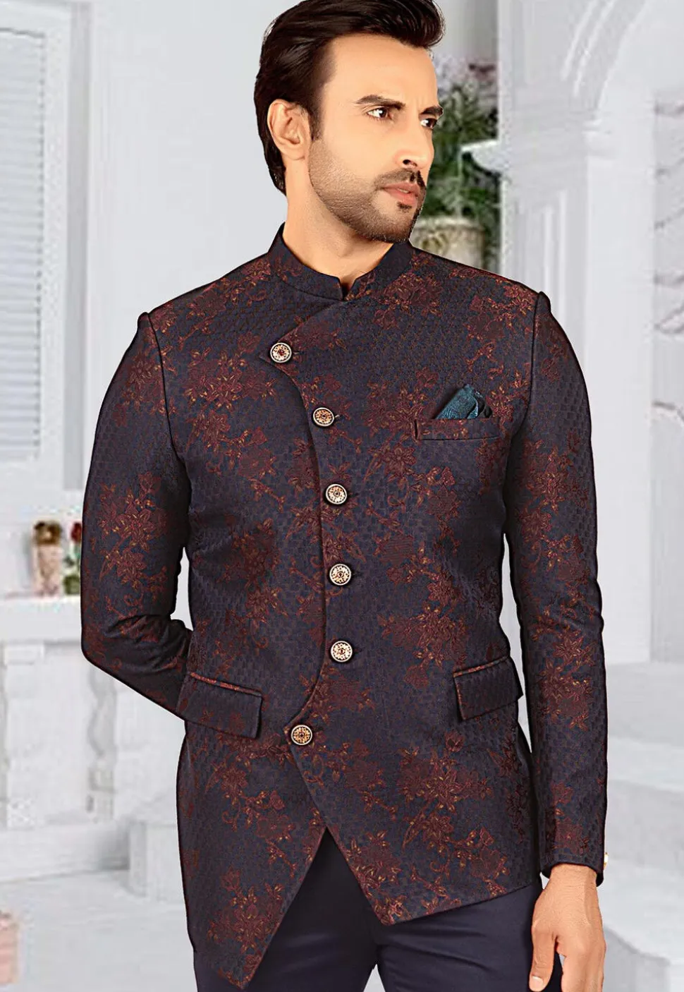 Woven Terry Rayon Jacquard Jodhpuri Jacket in Navy Blue