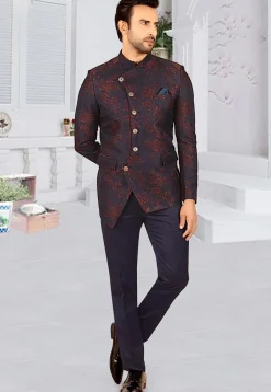 Woven Terry Rayon Jacquard Jodhpuri Jacket in Navy Blue
