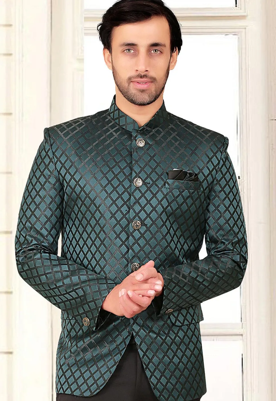 Woven Terry Rayon Jacquard Jodhpuri Jacket in Teal Green