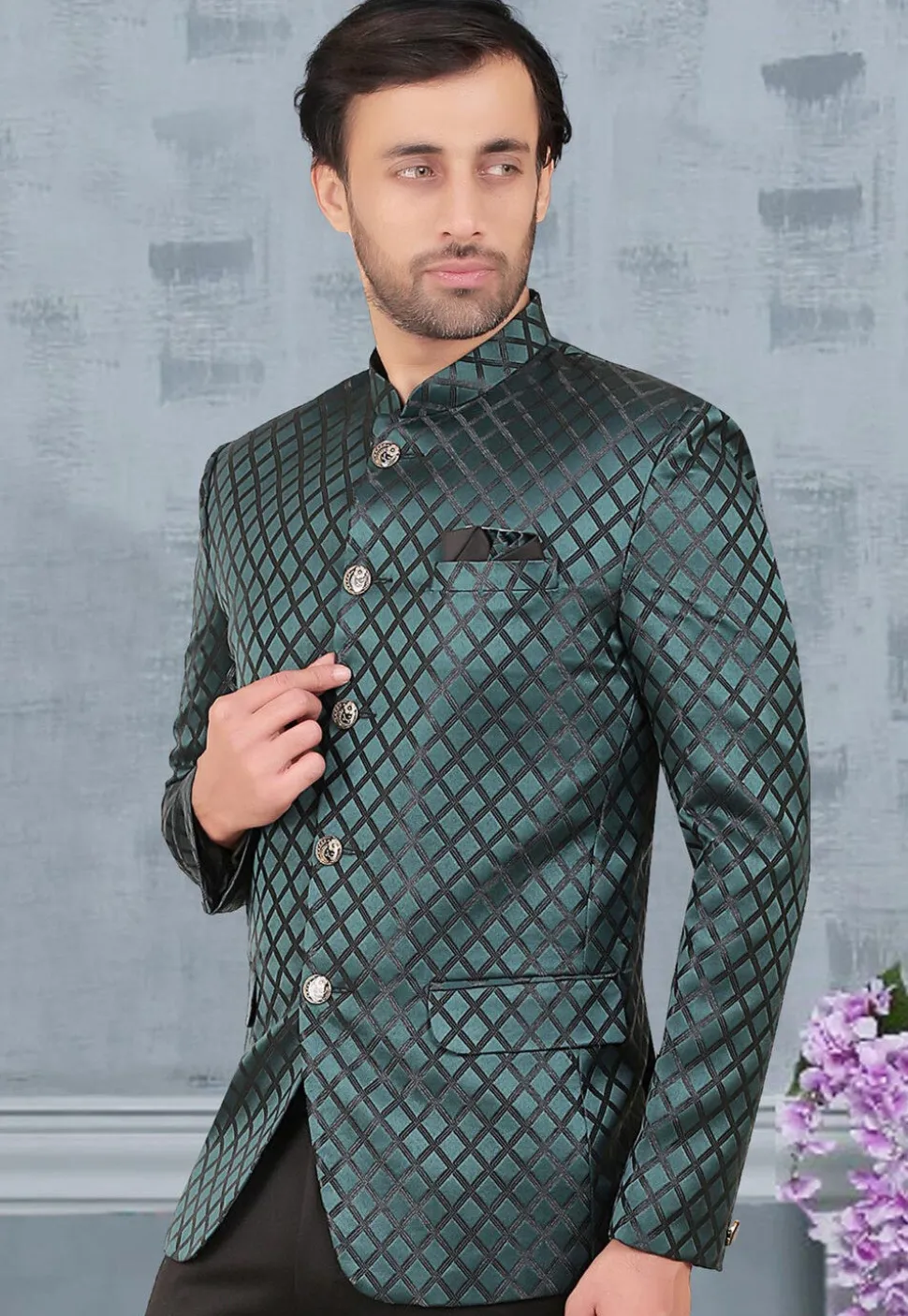 Woven Terry Rayon Jacquard Jodhpuri Jacket in Teal Green