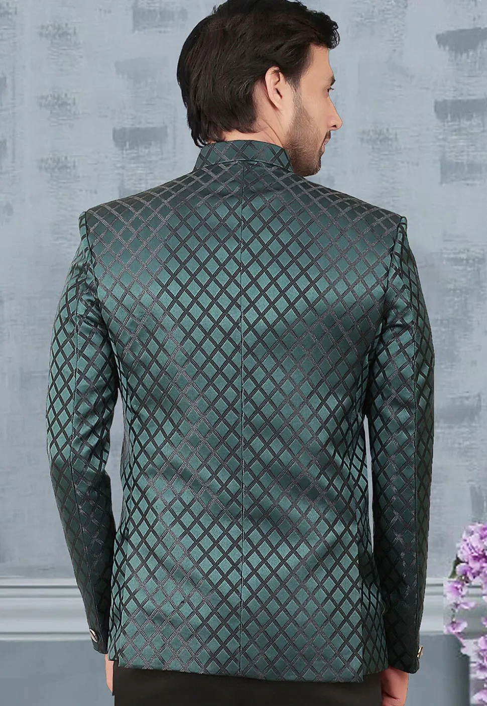 Woven Terry Rayon Jacquard Jodhpuri Jacket in Teal Green