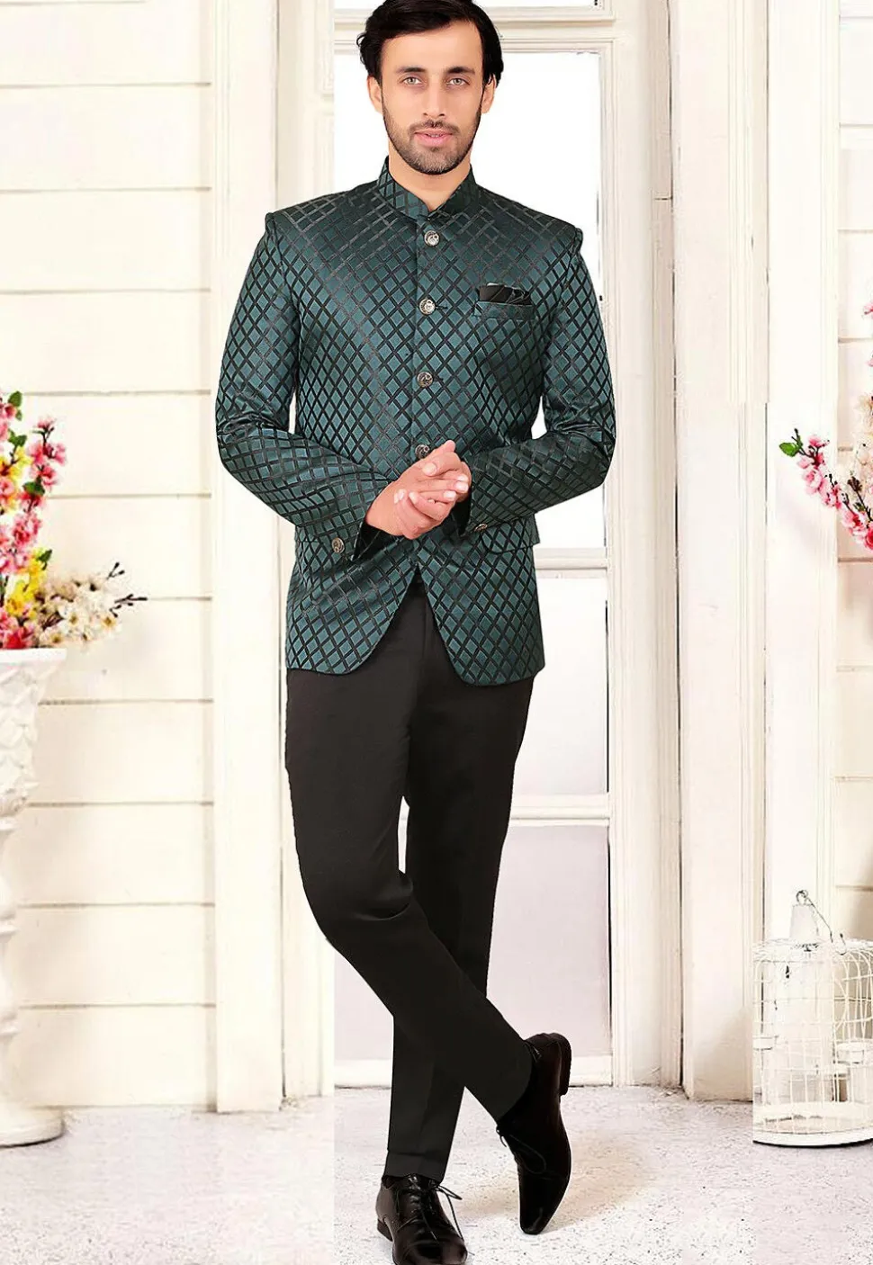 Woven Terry Rayon Jacquard Jodhpuri Jacket in Teal Green