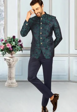 Woven Terry Rayon Jacquard Jodhpuri Suit in Teal Blue