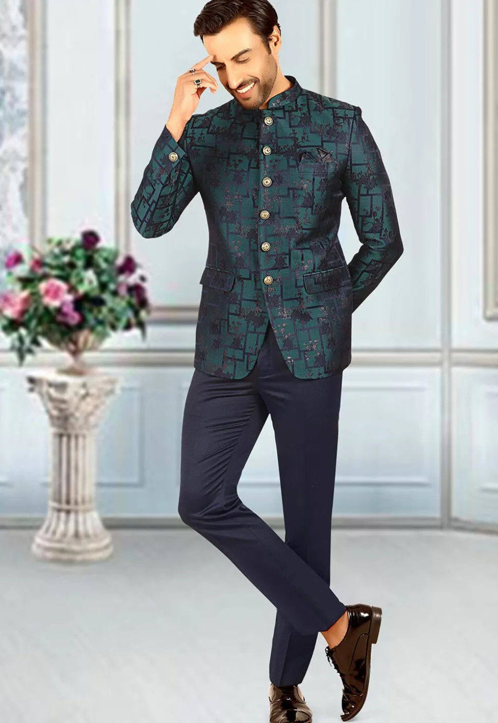 Woven Terry Rayon Jacquard Jodhpuri Suit in Teal Blue