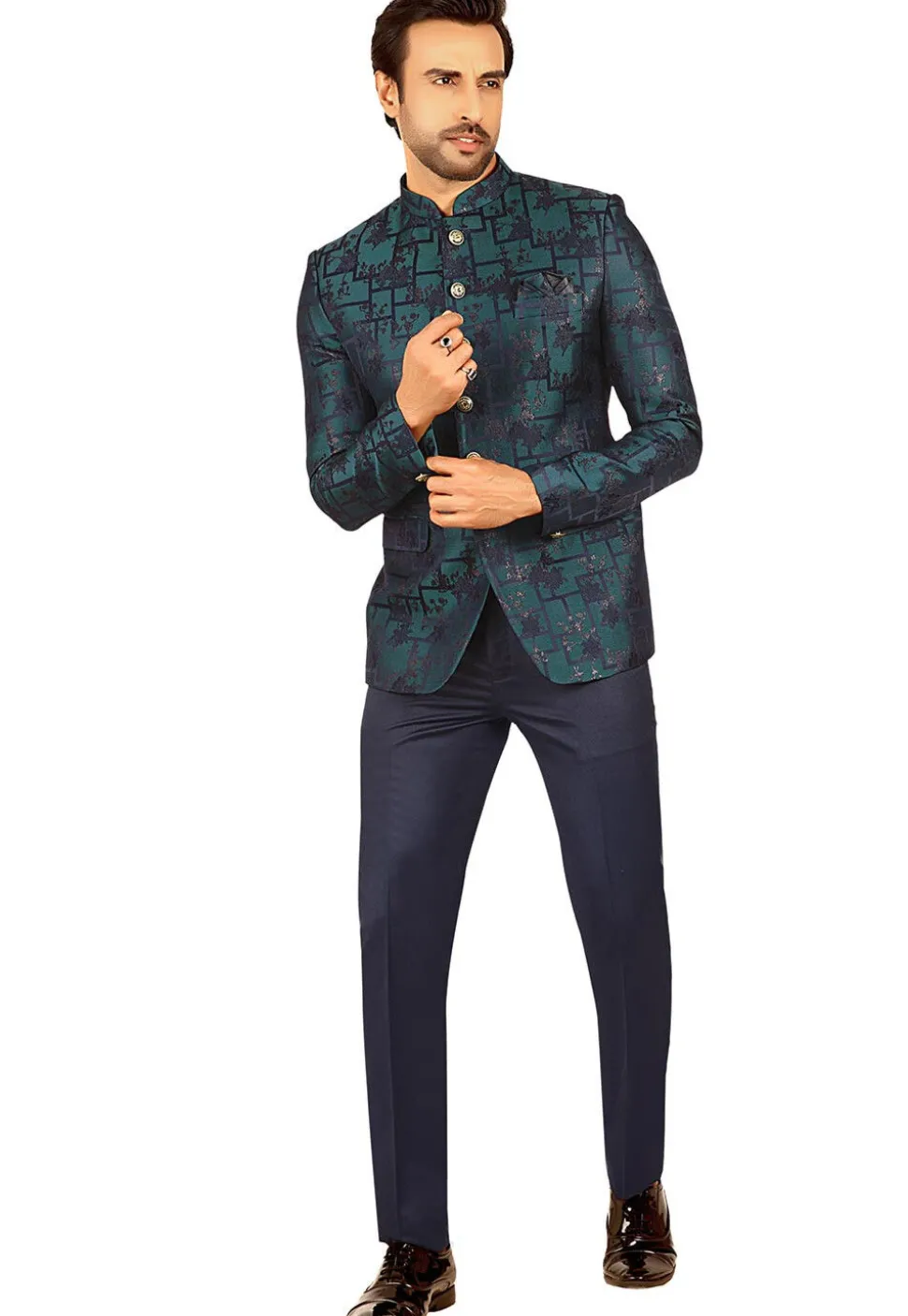Woven Terry Rayon Jacquard Jodhpuri Suit in Teal Blue