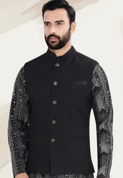 Woven Terry Rayon Jacquard Nehru Jacket in Black