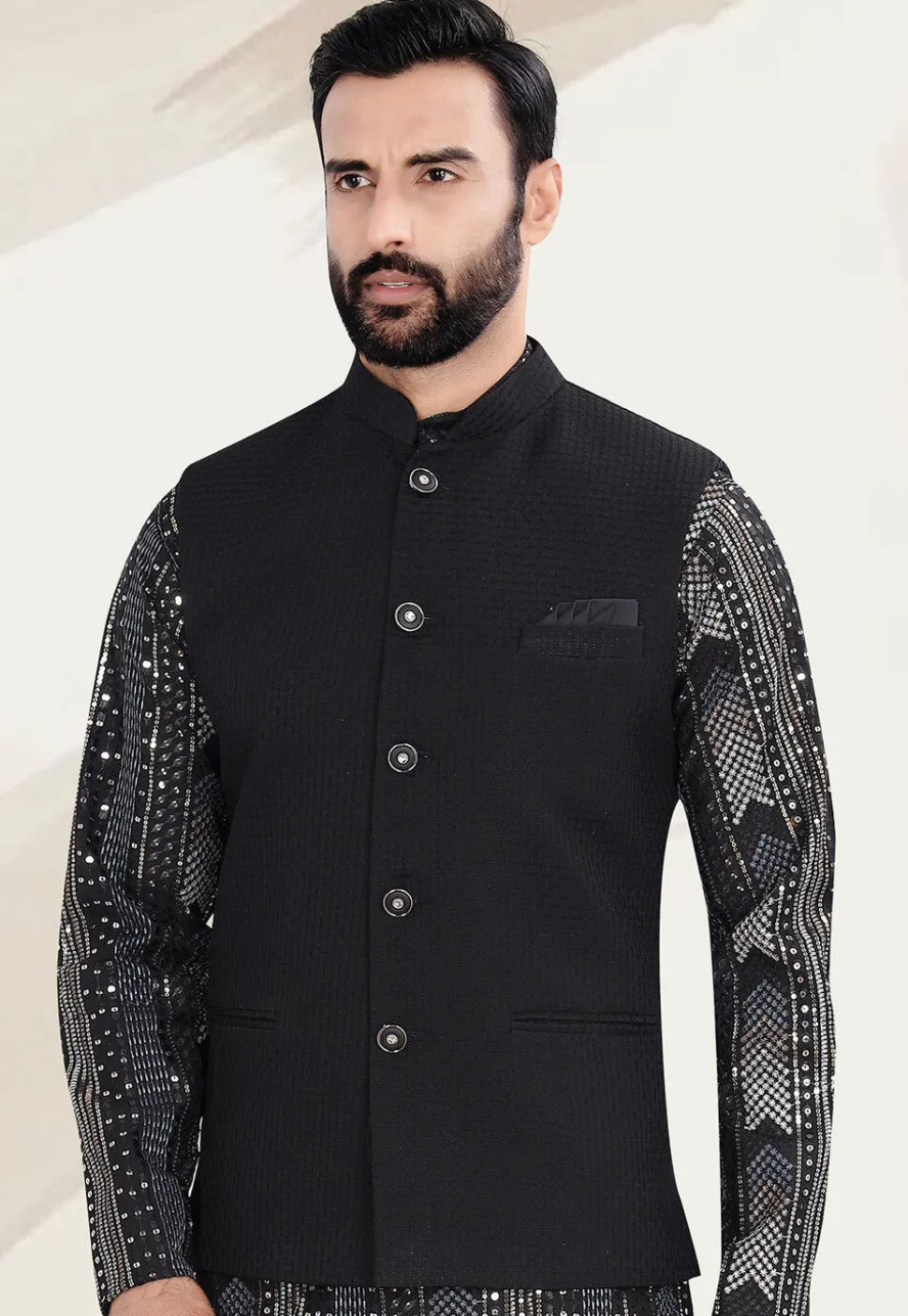 Woven Terry Rayon Jacquard Nehru Jacket in Black