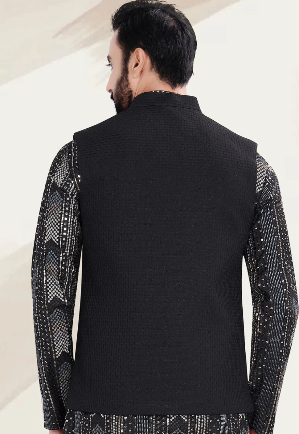 Woven Terry Rayon Jacquard Nehru Jacket in Black