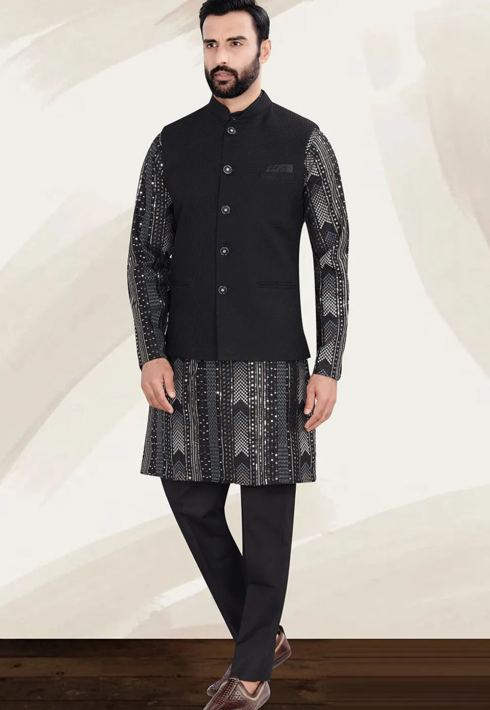 Woven Terry Rayon Jacquard Nehru Jacket in Black