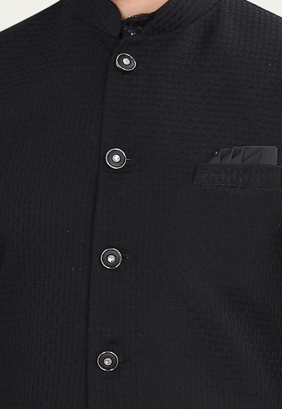 Woven Terry Rayon Jacquard Nehru Jacket in Black