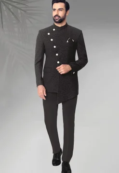 Woven Terry Rayon Jacquard Jodhpuri Suit in Black