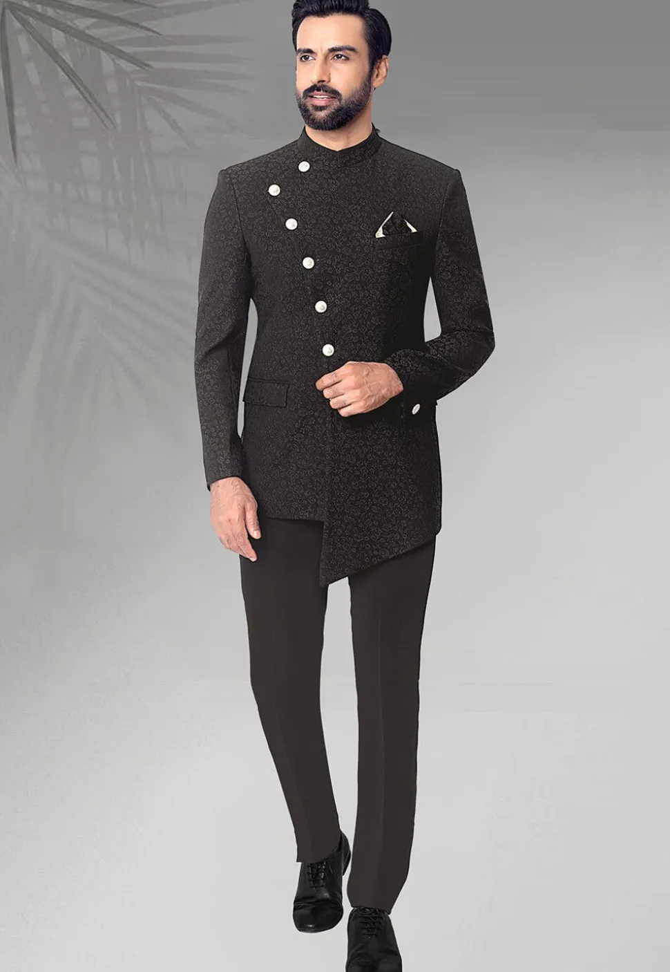 Woven Terry Rayon Jacquard Jodhpuri Suit in Black