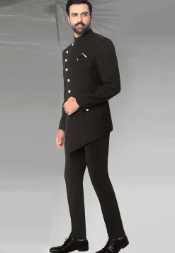 Woven Terry Rayon Jacquard Jodhpuri Suit in Black