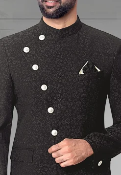 Woven Terry Rayon Jacquard Jodhpuri Suit in Black