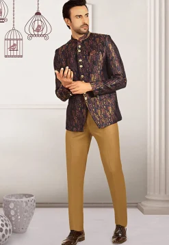 Woven Terry Rayon Jacquard Jodhpuri Suit in Navy Blue