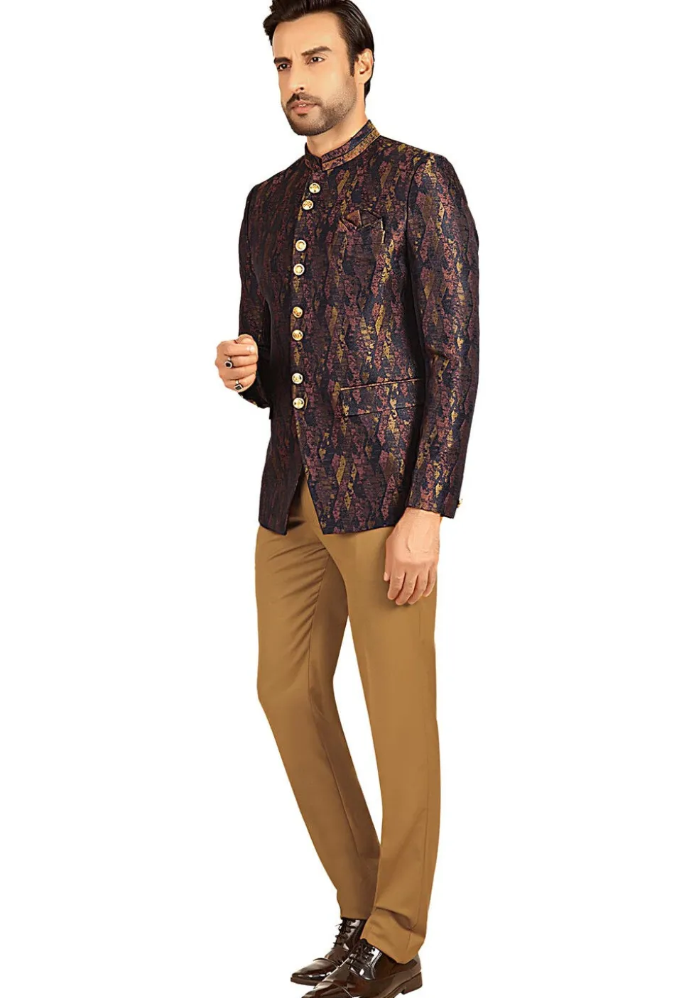 Woven Terry Rayon Jacquard Jodhpuri Suit in Navy Blue