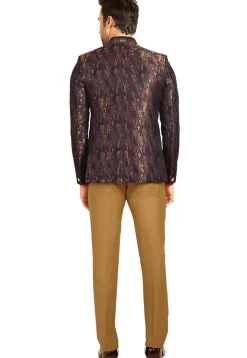 Woven Terry Rayon Jacquard Jodhpuri Suit in Navy Blue