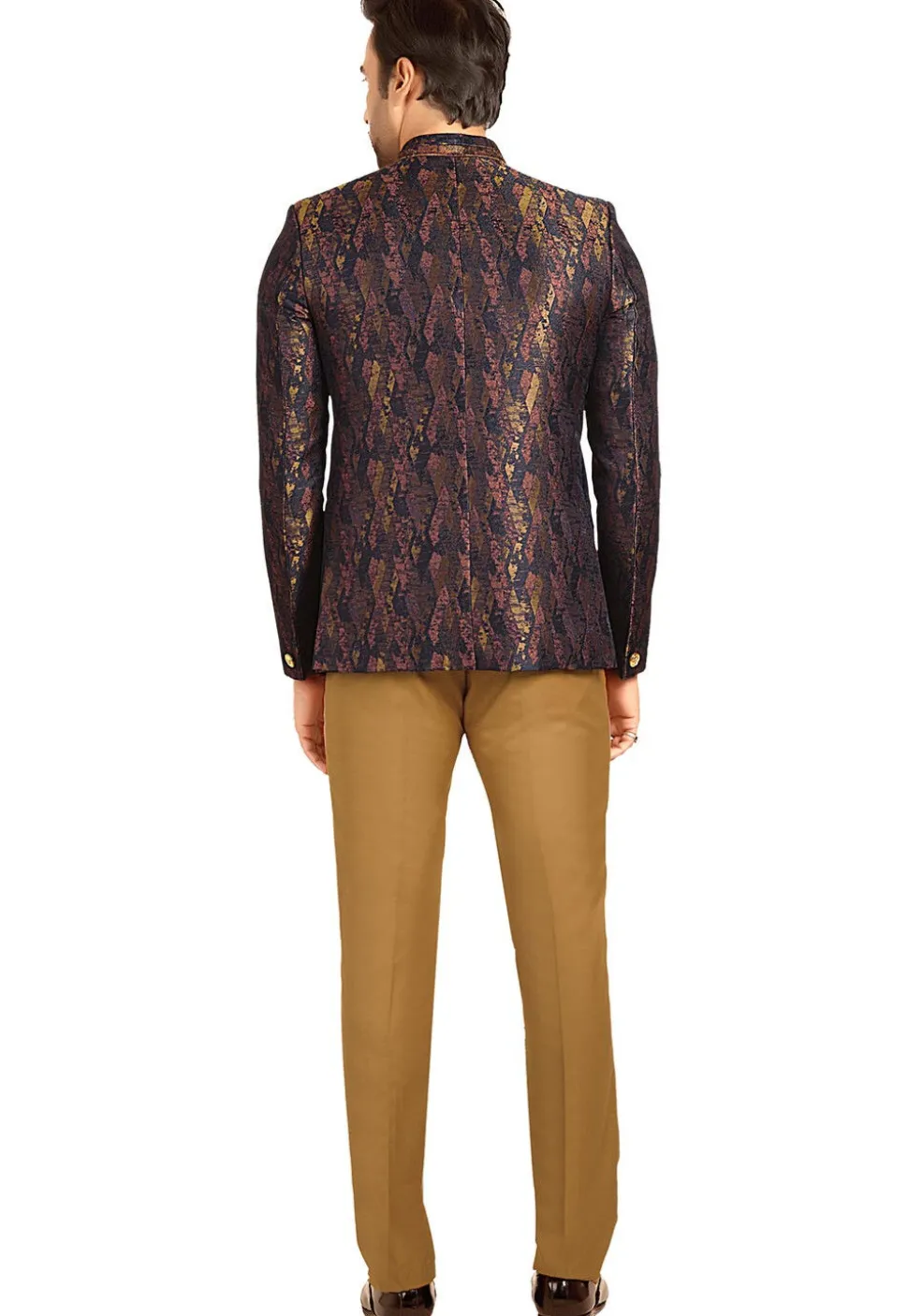 Woven Terry Rayon Jacquard Jodhpuri Suit in Navy Blue