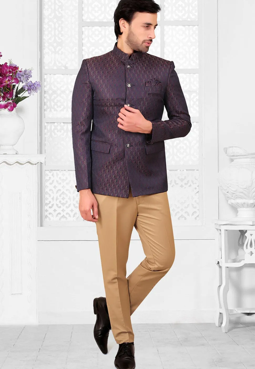 Woven Terry Rayon Jacquard Jodhpuri Suit in Navy Blue and Maroon