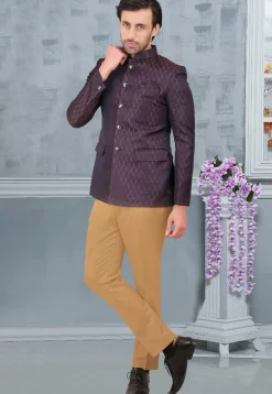 Woven Terry Rayon Jacquard Jodhpuri Suit in Navy Blue and Maroon