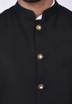 Woven Terry Rayon Jacquard Nehru Jacket in Black