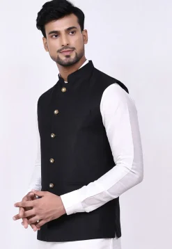 Woven Terry Rayon Jacquard Nehru Jacket in Black