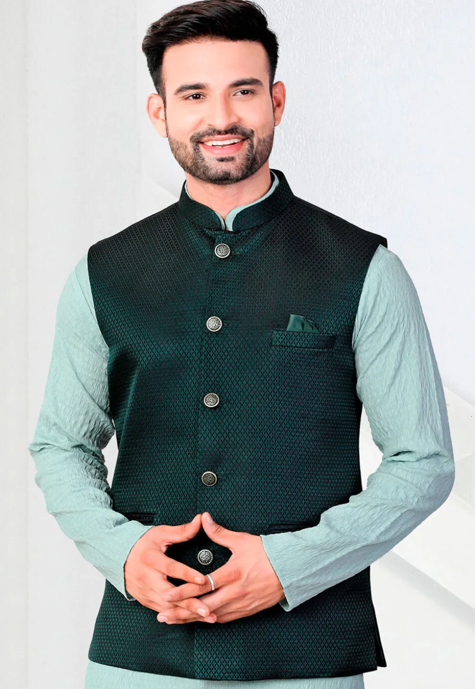 Woven Terry Rayon Jacquard Nehru Jacket in Dark Green