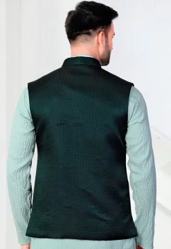 Woven Terry Rayon Jacquard Nehru Jacket in Dark Green
