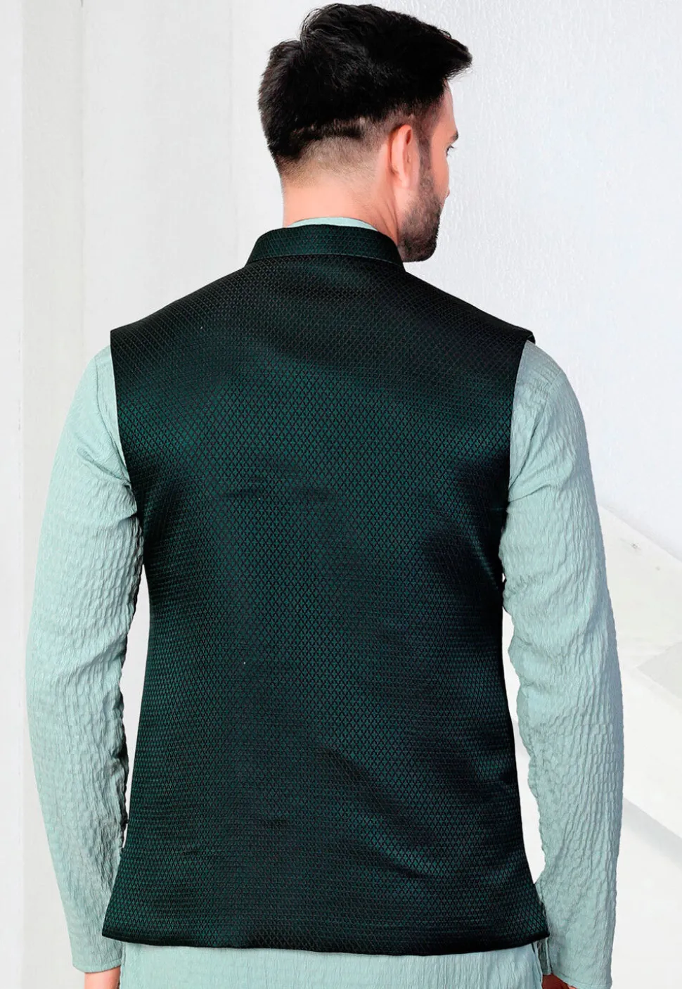 Woven Terry Rayon Jacquard Nehru Jacket in Dark Green