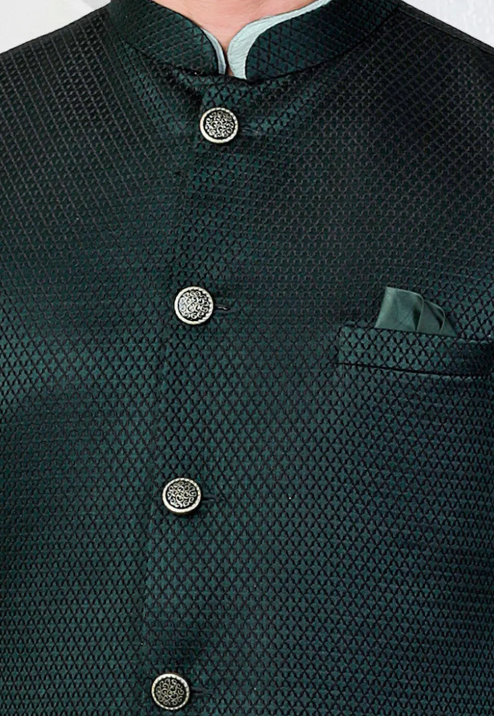 Woven Terry Rayon Jacquard Nehru Jacket in Dark Green