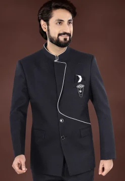 Woven Terry Rayon Jacquard Jodhpuri Jacket in Black