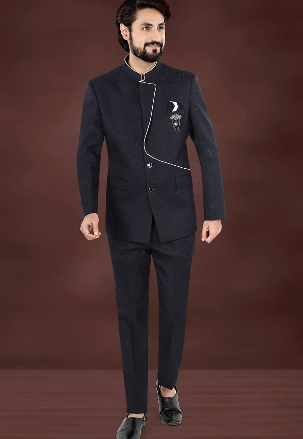 Woven Terry Rayon Jacquard Jodhpuri Jacket in Black