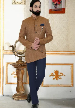 Woven Terry Rayon Jacquard Jodhpuri Jacket in Beige