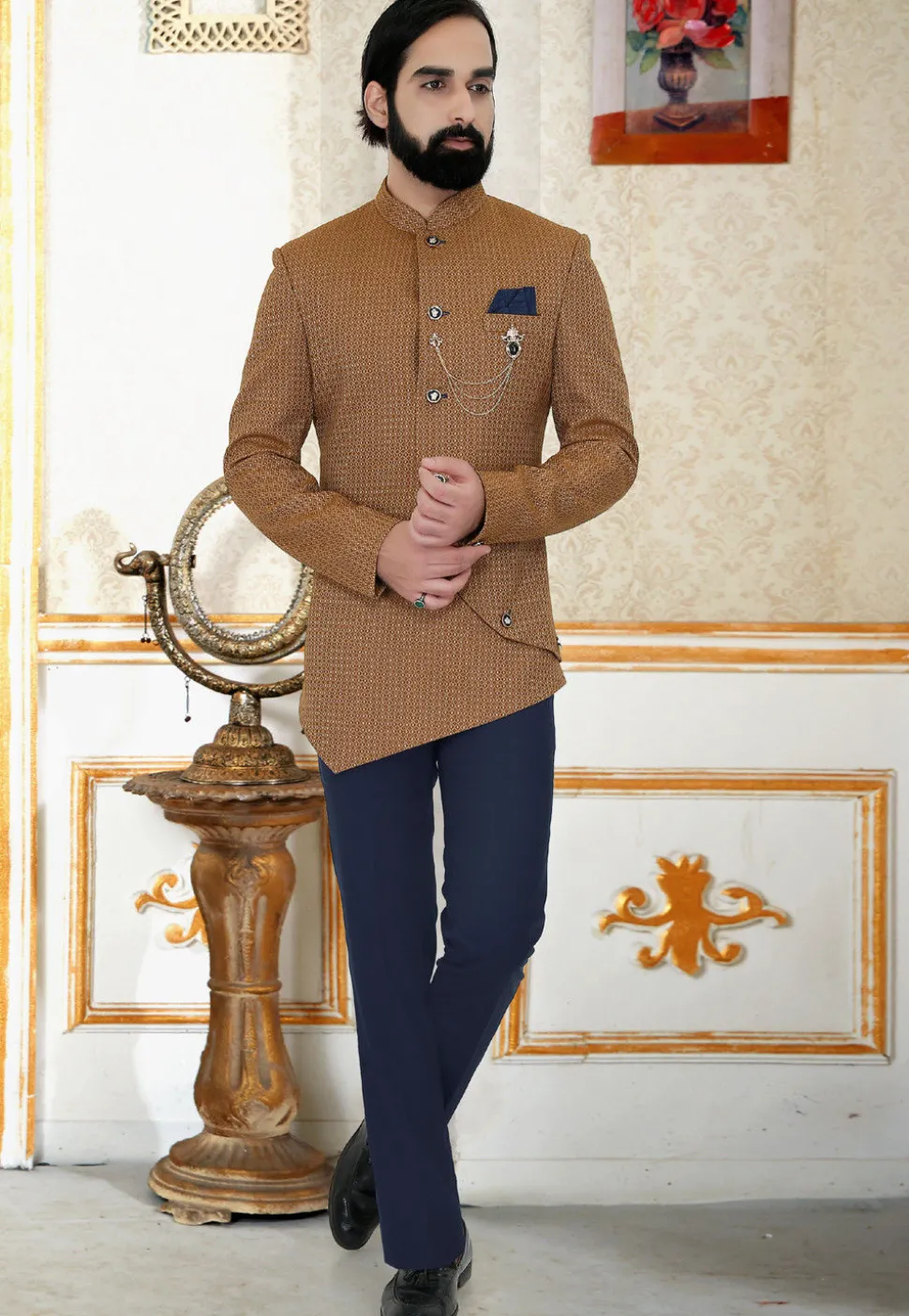 Woven Terry Rayon Jacquard Jodhpuri Jacket in Beige
