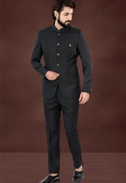 Woven Terry Rayon Jacquard Jodhpuri Suit in Dark Grey