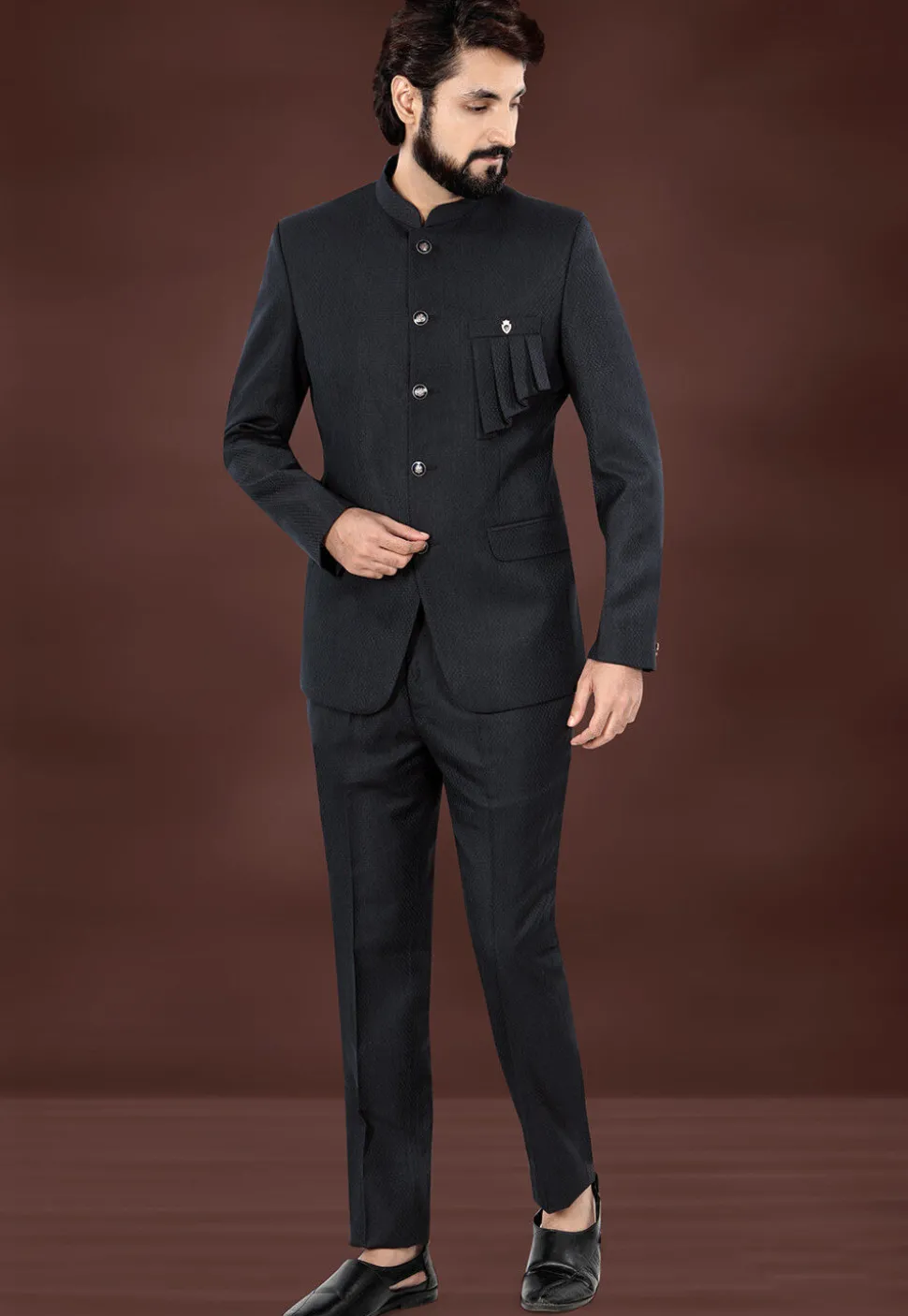 Woven Terry Rayon Jacquard Jodhpuri Suit in Dark Grey
