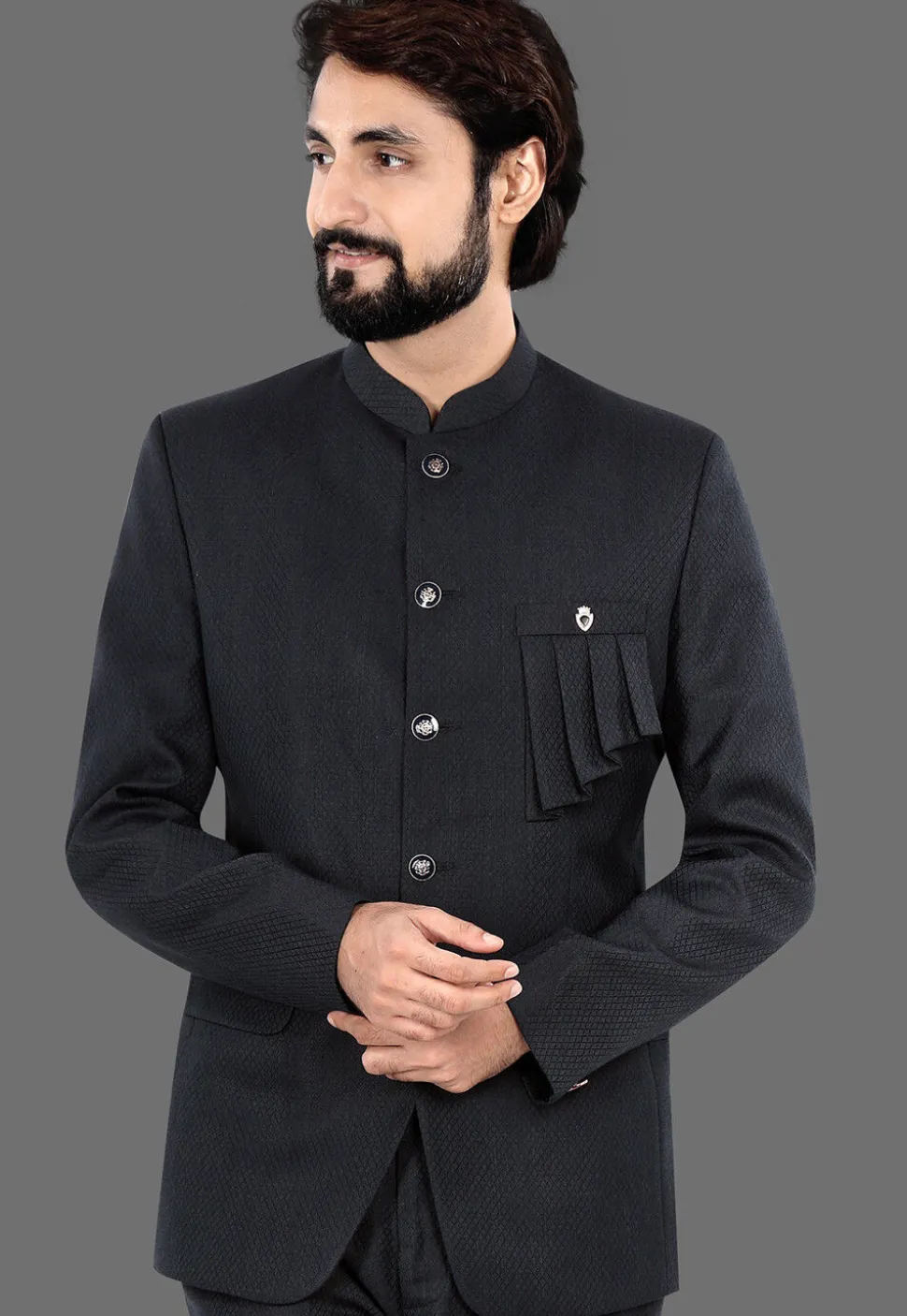 Woven Terry Rayon Jacquard Jodhpuri Suit in Dark Grey