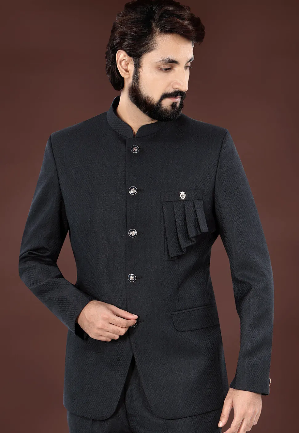 Woven Terry Rayon Jacquard Jodhpuri Jacket in Dark Grey