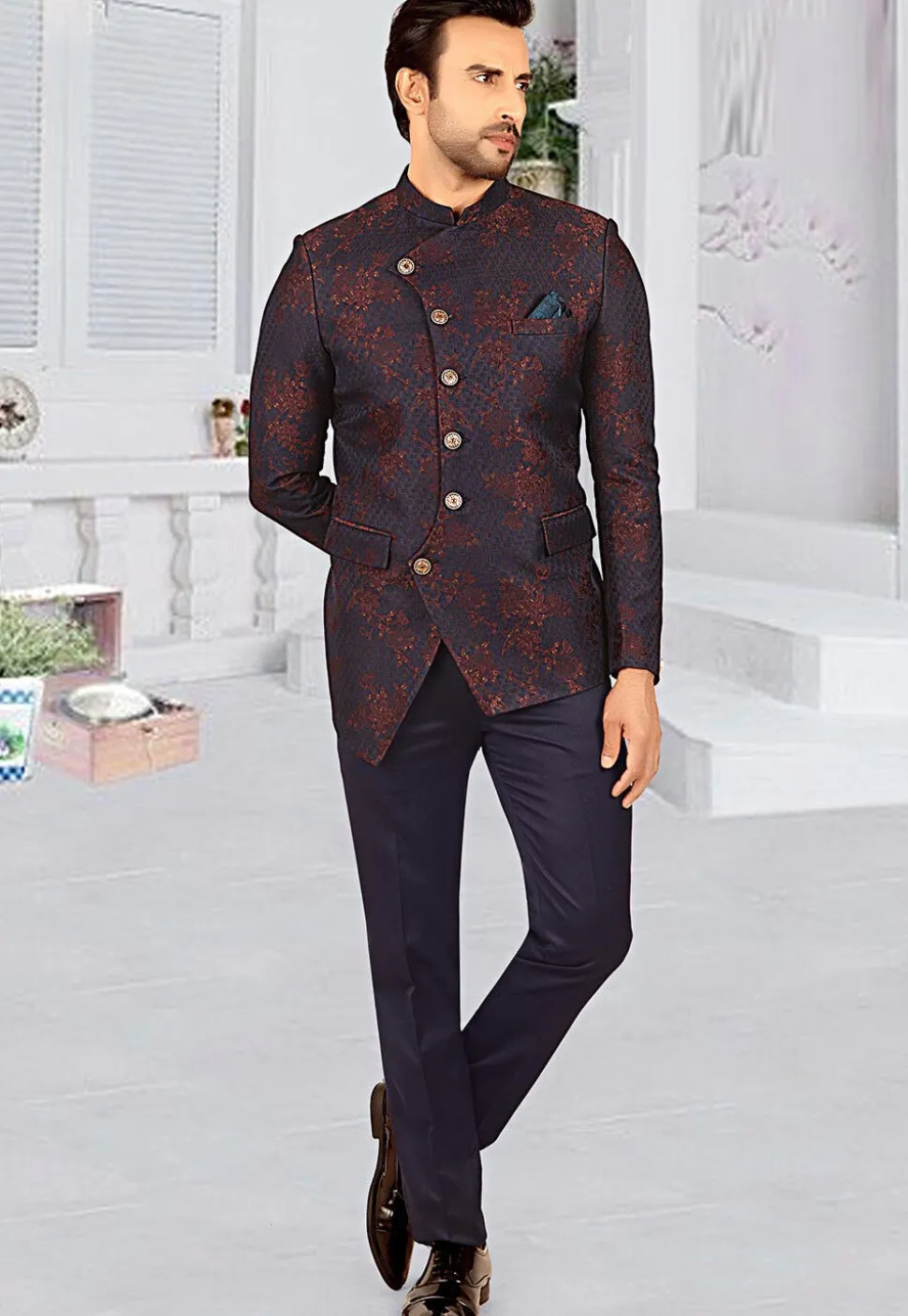 Woven Terry Rayon Jacquard Jodhpuri Suit in Navy Blue