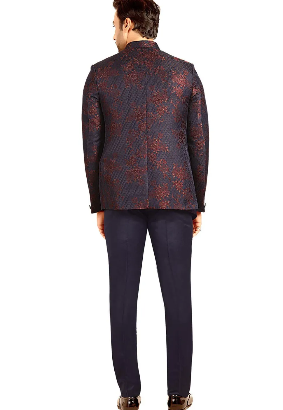 Woven Terry Rayon Jacquard Jodhpuri Suit in Navy Blue