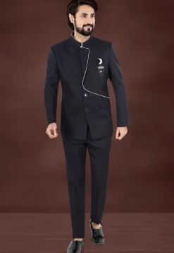 Woven Terry Rayon Jacquard Jodhpuri Suit in Black