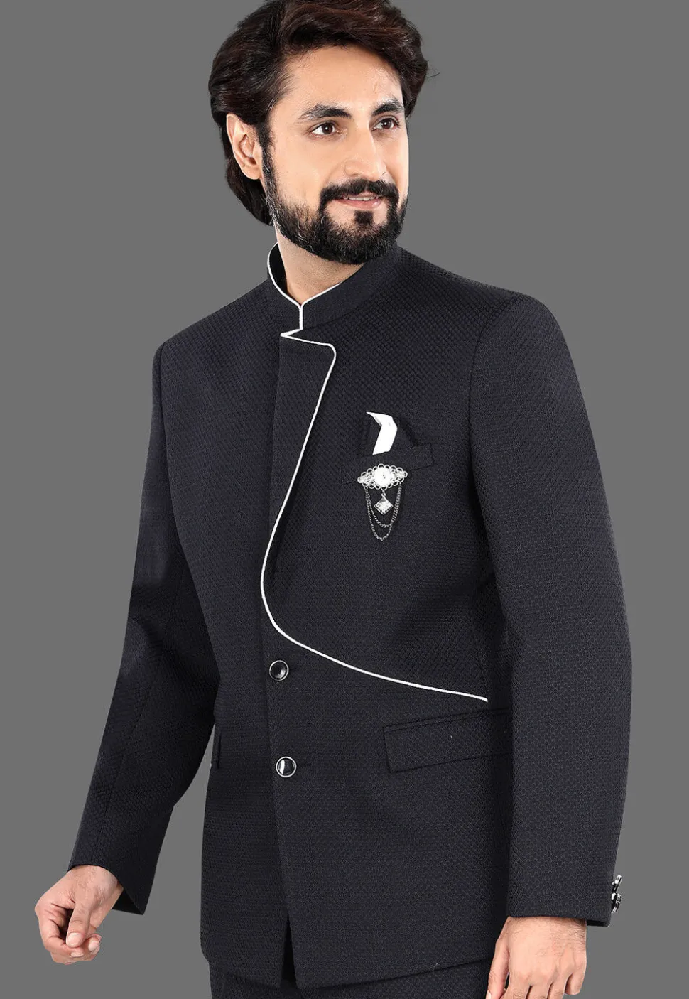 Woven Terry Rayon Jacquard Jodhpuri Suit in Black