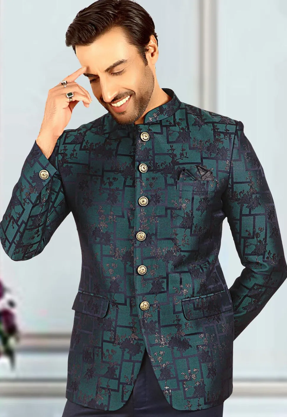 Woven Terry Rayon Jacquard Jodhpuri Jacket in Teal Blue