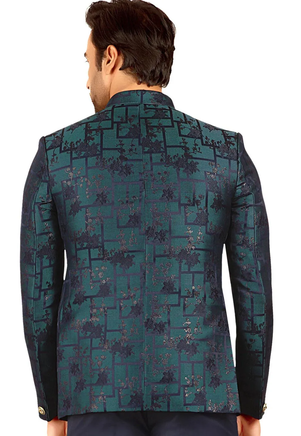 Woven Terry Rayon Jacquard Jodhpuri Jacket in Teal Blue
