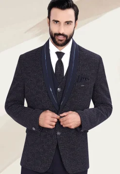 Woven Terry Rayon Jacquard Blazer in Navy Blue