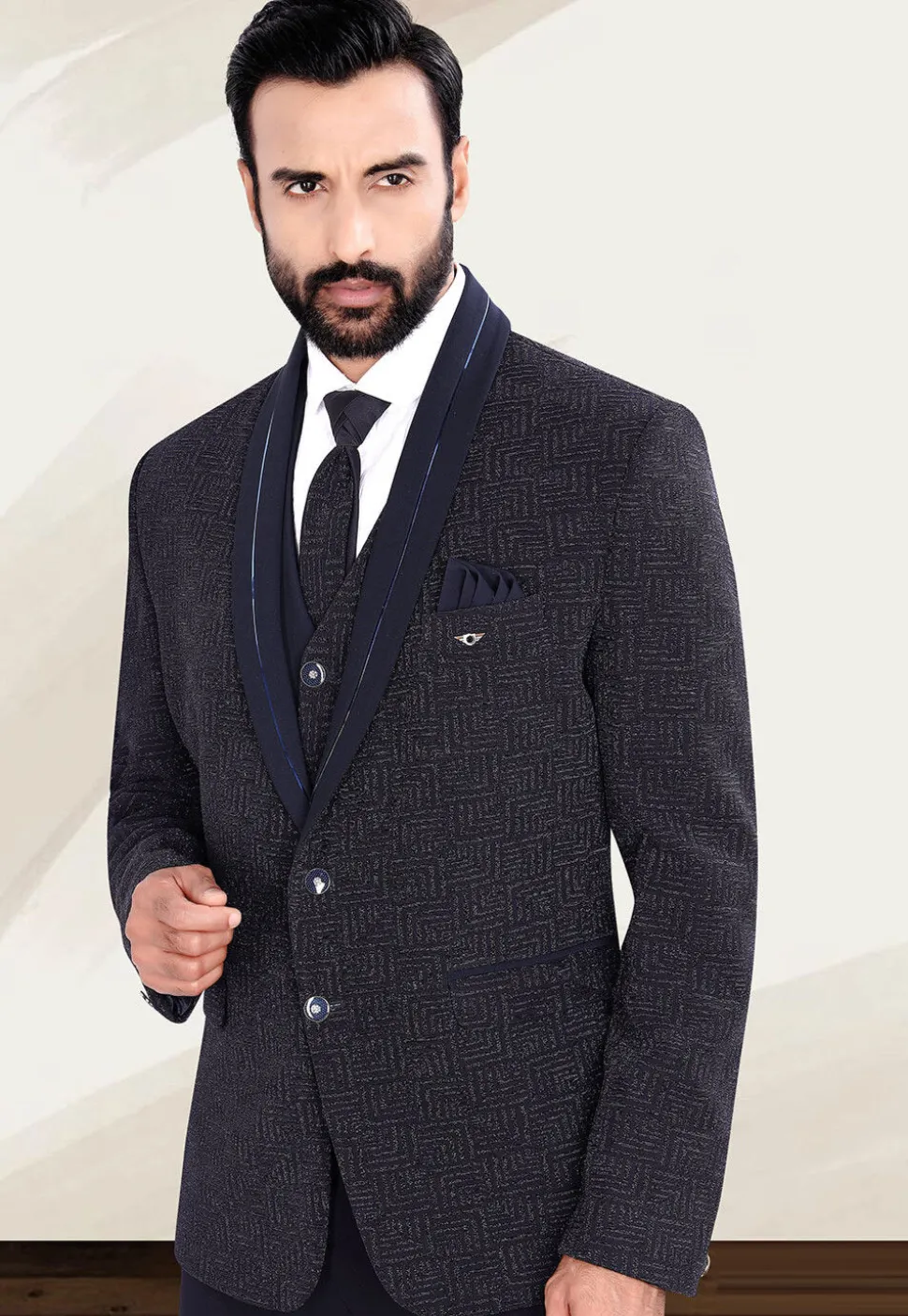 Woven Terry Rayon Jacquard Blazer in Navy Blue
