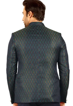 Woven Terry Rayon Jacquard Jodhpuri Jacket in Navy Blue