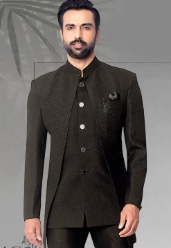 Woven Terry Rayon Jodhpuri Jacket in Black